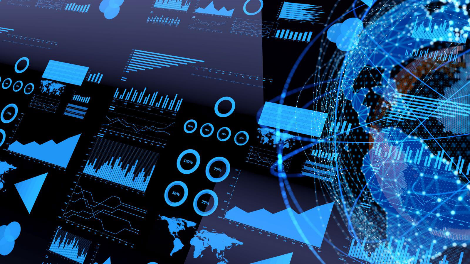 Closeup of data output screens and overlay of globe